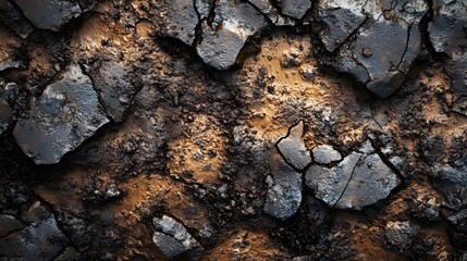 Fototapeta premium Close-up shot of cracked earth, showcasing a rich palette of dark and golden tones. Cracked Earth Texture: A Deep Dive into the Golden and Dark Hues of Dried Land