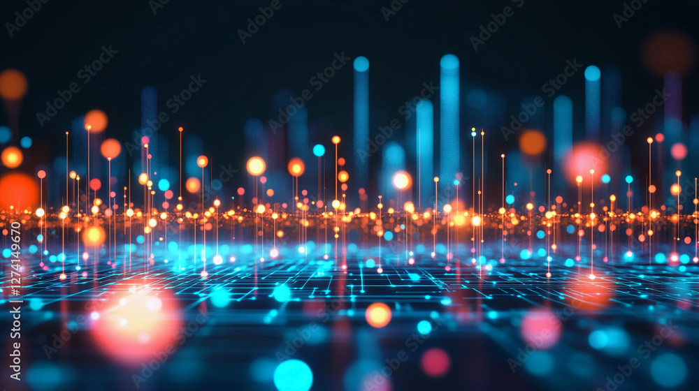 Poster dynamic connection points against a dark background illustrate vibrant data flow and technology in a