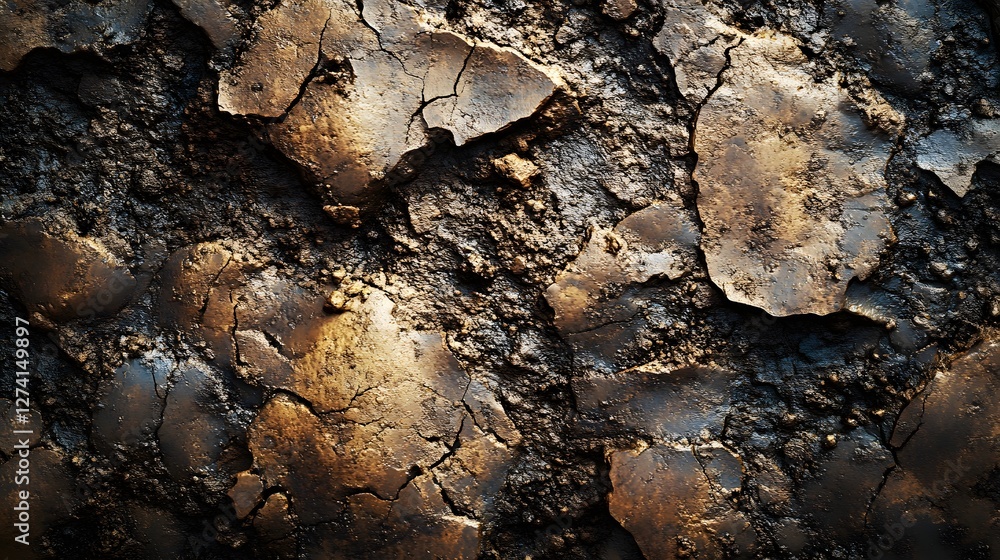 Poster close-up abstract image of a cracked texture with gold and black tones. perfect for backgrounds. abs