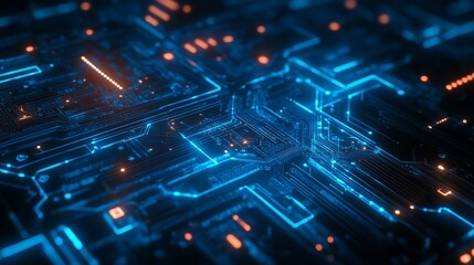 Fototapeta premium Futuristic blue circuit board with digital technology patterns and microchip details