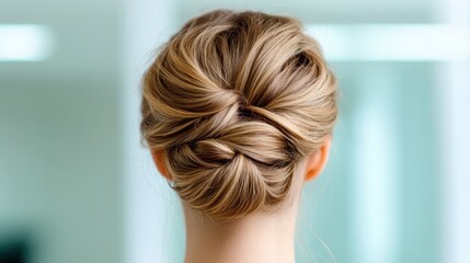 This elegant hairstyle showcases a sophisticated bun with a few loose strands styled effortlessly, perfect for formal occasions or casual days.