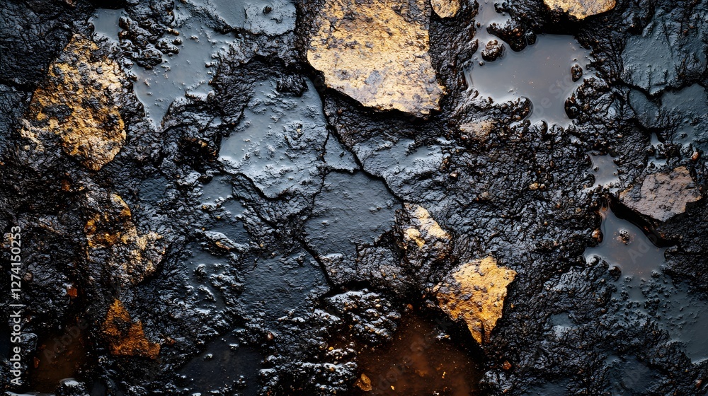 Poster close-up shot of a dark and golden abstract texture. the image features a cracked, wet surface. abst