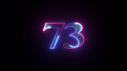 Abstract glowing neon number "73''. Blue and purple neon futuristic effect. Trendy glow lighting