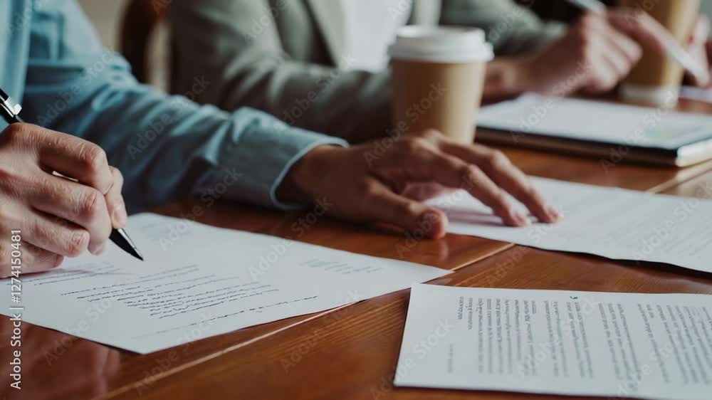 Poster business people are signing contracts at a wooden table, captured in a slow motion sequence highligh