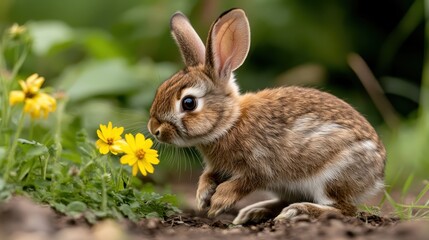 Fototapeta premium A curious bunny inspecting vibrant yellow flowers in a lush green garden, reflecting the charm of wildlife and the beauty of nature during springtime.