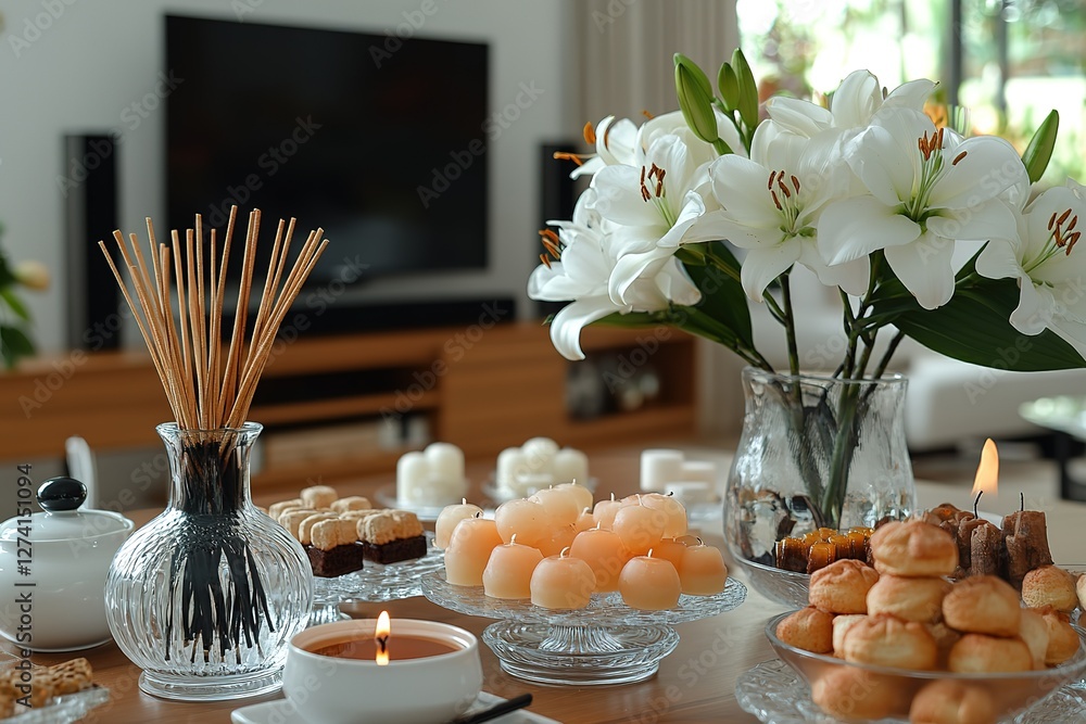 Poster elegant table setting with flowers candles and treats creating a cozy and inviting ambiance in a mod