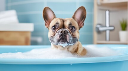 A French Bulldog soaked in bubbles enjoys a playful bath experience, reflecting the fun and joy of pet ownership within a well-decorated and inviting bathroom atmosphere.