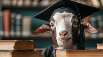 This charming image captures an adorable goat in a graduation cap amidst books in a library, conveying the excitement of academic achievement in a delightful manner.