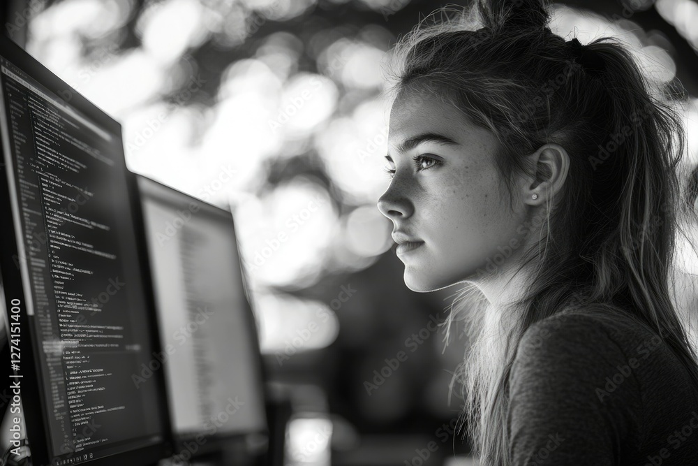 Poster young woman programmer focused on code displayed on her computer screen.