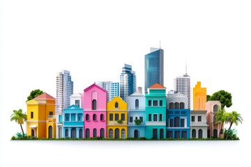 Fototapeta premium Vibrant Cityscape - Colorful buildings, modern skyscrapers, tropical foliage, urban landscape, architectural diversity. Symbolizing: progress, vibrancy, harmony, tourism, growth