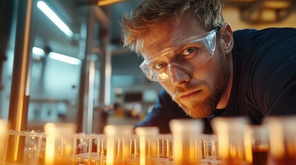 A young male researcher intently focuses on various glass containers filled with liquids, highlighting the dedication and meticulous nature required in scientific research.