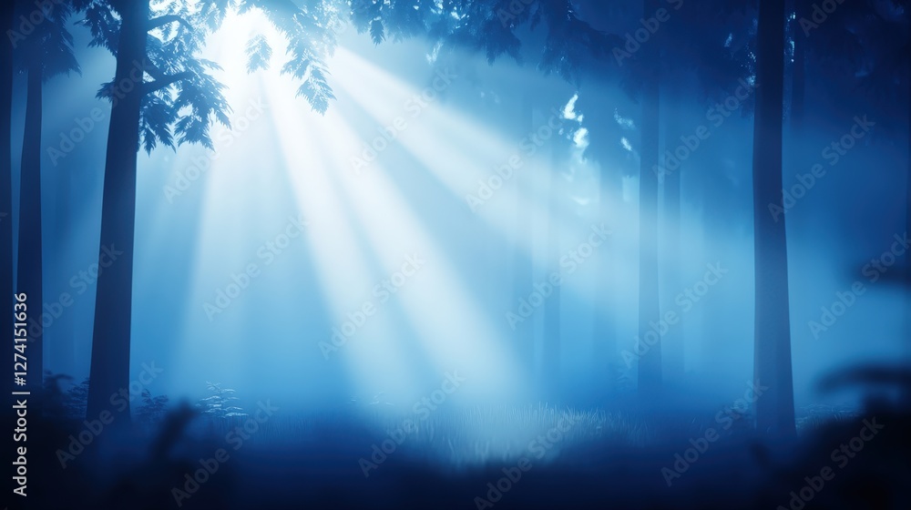 Poster a serene blue forest scene with soft sunlight filtering through the trees, creating a magical ambian