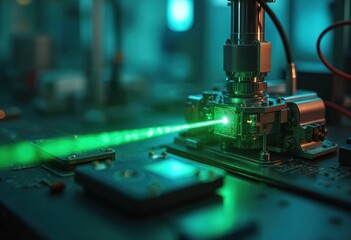 Close-up of Photonics lab equipment, with green laser beam. Illustration highlights precision industrial laser experiments, scientific research in energy, optics, quantum physics, photonics, modern