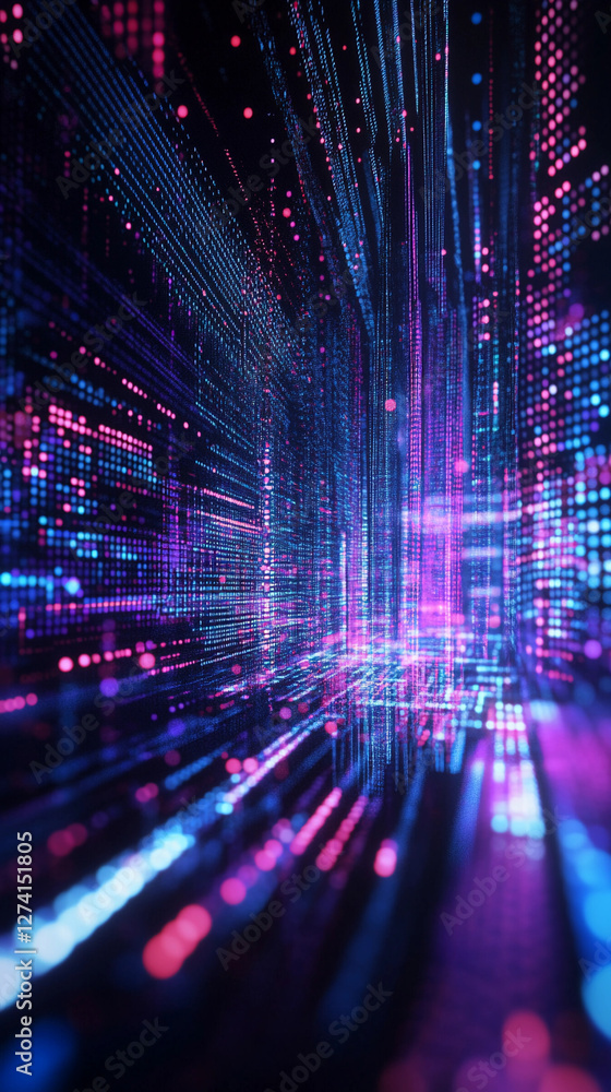 Poster abstract texture representing a grid with vibrant colors and light patterns creating a digital lands