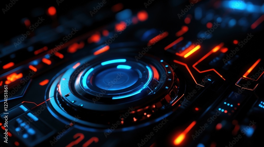 Poster a close-up view of a futuristic control panel featuring vibrant blue and red lights. the intricate d