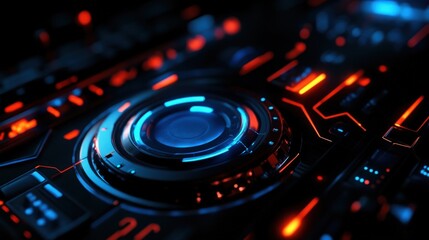 Obraz premium A close-up view of a futuristic control panel featuring vibrant blue and red lights. The intricate details and sleek design highlight modern technology and innovation concepts.
