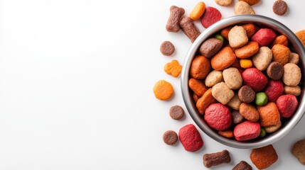 A vibrant assortment of pet food and treats spills from a bowl, showcasing various shapes and colors that entice both pets and their owners for mealtime enjoyment.
