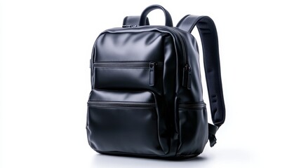 Naklejka premium The image showcases a modern, sleek black leather backpack with multiple compartments, emphasizing functionality and style for everyday use or travel.