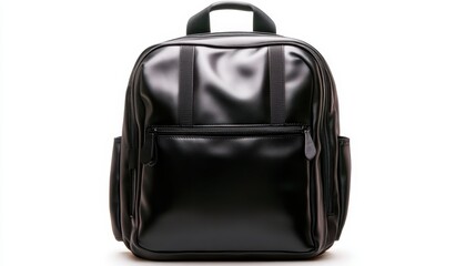 Naklejka premium This image showcases a stylish black backpack, designed for both daily use and travel, featuring a smooth finish and practical compartments for organization.