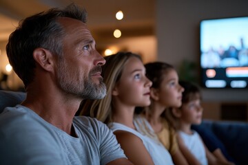 A father is watching a film with his children on a cozy couch at home, illustrating a loving family moment filled with engagement, joy, and shared experiences.
