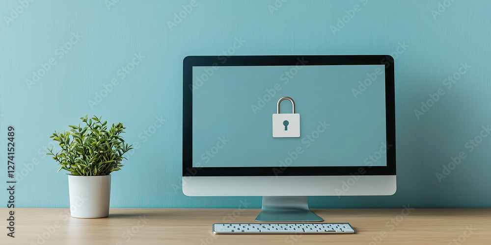 Poster phishing email concept, computer screen displaying locked padlock symbol, symbolizing security. plan