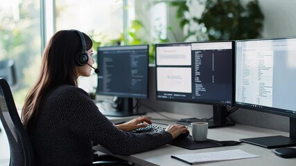 Businesswoman providing financial advice in a call center setting.