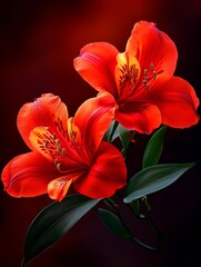 Obraz premium Vibrant Red Alstroemeria Blooms - Two stunning red alstroemeria flowers in full bloom against a dark red background. Close-up detail showcasing vibrant petals and textures