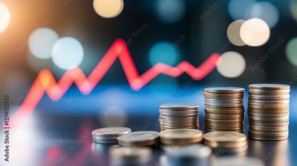 Poster stacks of coins with downward trend graph in background, symbolizing financial decline and economic 