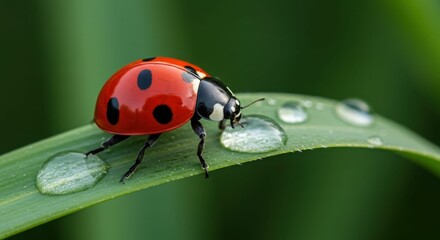 Fototapeta premium Close-up of ladybug on leaf with water droplets in natural setting