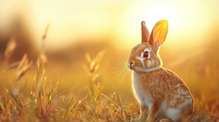Fototapeta premium A charming rabbit is seen in a field at sunset, surrounded by soft glowing light. The image captures a moment of calm and nature's beauty in a picturesque setting.