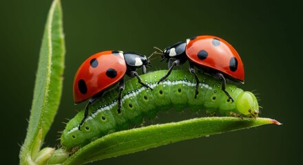 Fototapeta premium Two ladybugs on caterpillar on green leaf in natural setting