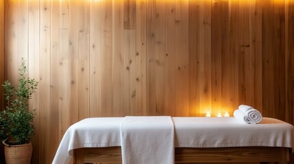 A tranquil spa room featuring soft towels and dim candles, creating a welcoming ambiance for relaxation and rejuvenation during self-care routines.