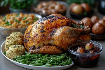 Festive holiday centerpiece featuring a perfectly roasted turkey accompanied by green beans stuffing rolls and cranberry sauce