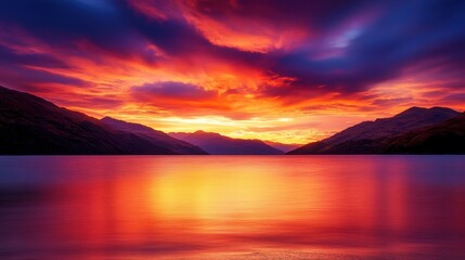 A breathtaking sunset over a serene lake, featuring vibrant colors reflecting on the water's surface. The hills in the background enhance the calming beauty of nature.
