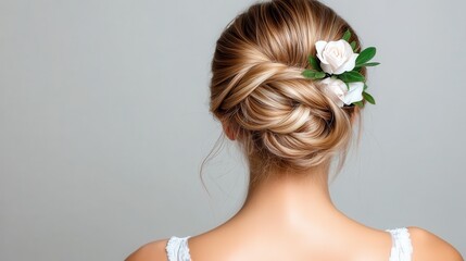 This image features a stunning floral bun hairstyle adorned with fresh white roses, capturing a romantic and elegant essence suitable for various celebrations or special occasions.