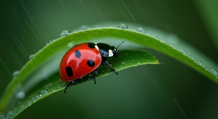 Fototapeta premium Close-up of ladybug on dew-covered leaf in rainy nature scene