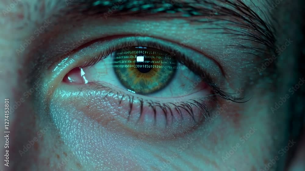 Poster Digital screen reflections capturing human eye in mesmerizing slow motion, revealing intricate connections between technology, cybersecurity, and visual perception