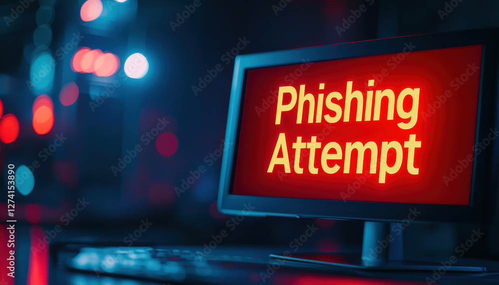 Poster phishing email concept, computer screen displaying glowing red warning sign for phishing attempt, hi
