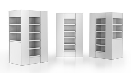 Retail temporary cardboard POS displays mockup. 3d illustration set on white background