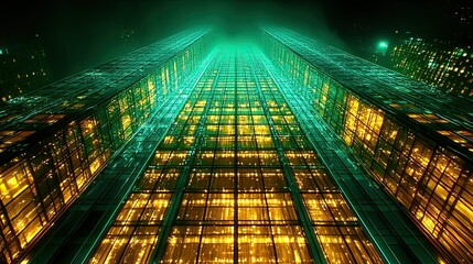 Emerald Cityscape: Night Lights of a Modern Skyscraper