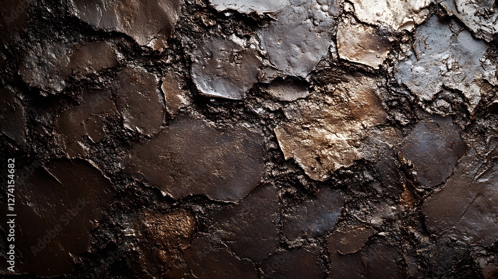 Poster close-up view of a textured surface with dark brown tones. the image showcases a rough, cracked patt