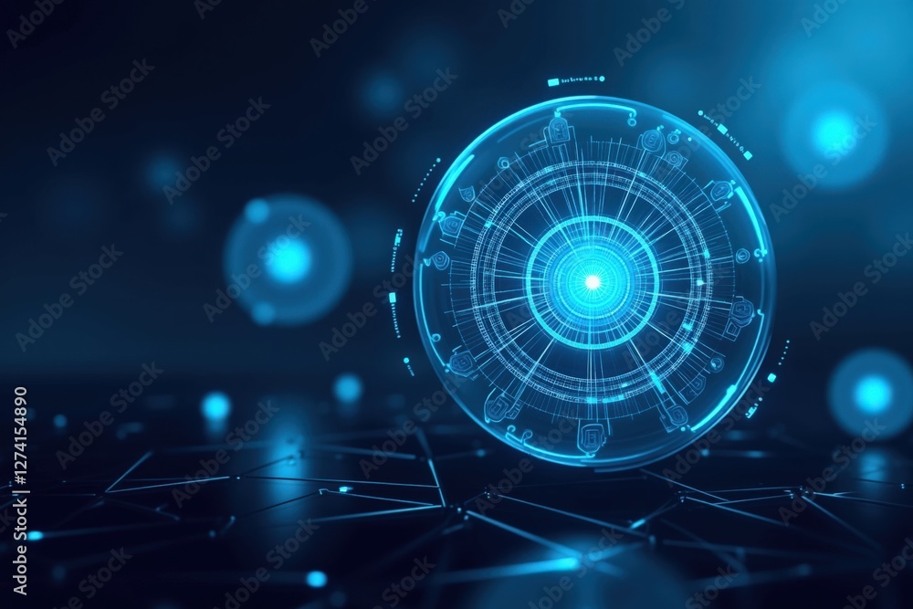 Poster a futuristic abstract representation of a glowing blue digital sphere surrounded by geometric patter