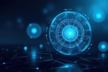 Fototapeta premium A Futuristic Abstract Representation of a Glowing Blue Digital Sphere Surrounded by Geometric Patterns and Light Effects in a Dark Environment
