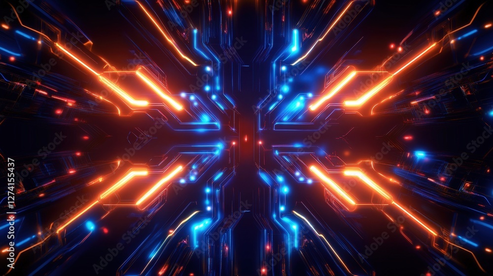 Poster dynamic abstract image showcasing vibrant blue and orange light patterns, resembling a futuristic ci