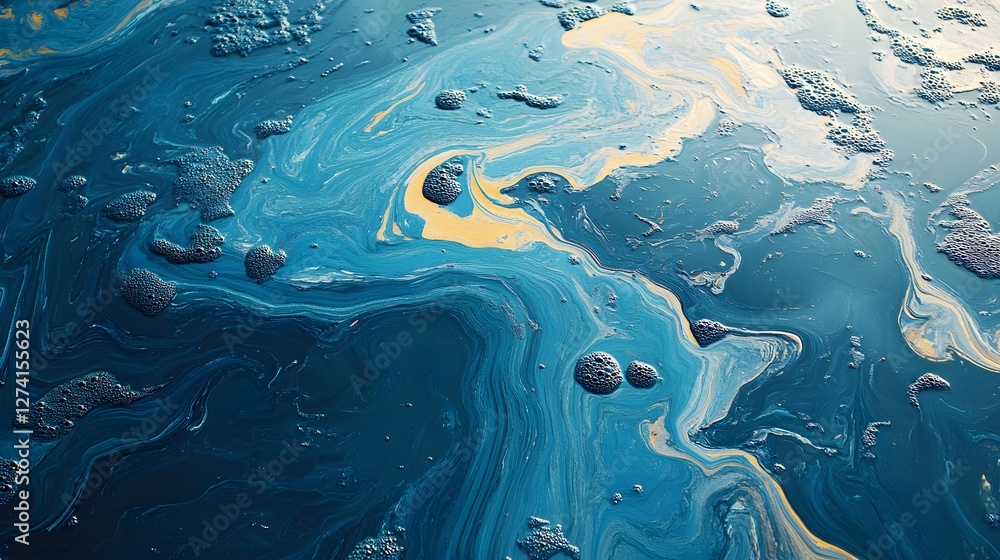 Poster Mesmerizing abstract image of swirling teal and gold hues creates a unique texture. Reminds of an oil slick or cosmic scene. Abstract Ocean Swirl. Unique reminiscent of an oil slick or a cosmic nebula