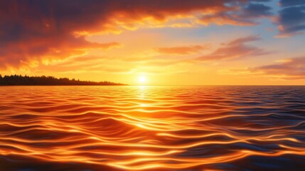 Fototapeta premium A stunning sunset casts vibrant orange and golden hues across the serene ocean, creating a picturesque scene. Waves gently reflect the colors of the sky, inviting tranquility.