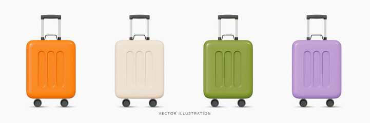 3D Suitcase for travel icon set. Cabin luggage. Plastic bag for flight. Journey concept. Time to tourism and vacation. Booking your next trip. Cartoon design icons isolated. 3D Vector illustration