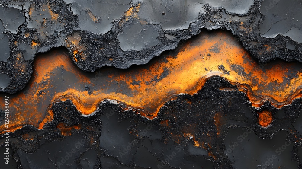 Poster a dramatic abstract image showing a fiery orange flow within a dark, rocky landscape. intense colors