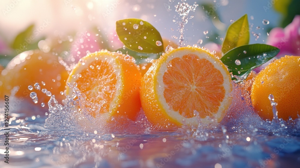 Poster fresh oranges splashing in water with green leaves and bokeh background in soft light