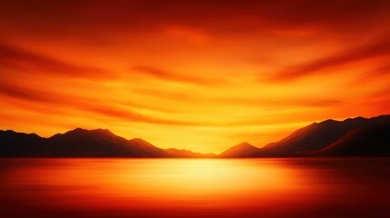 Fototapeta premium A stunning sunset over tranquil waters and majestic mountains, casting a warm orange glow across the sky